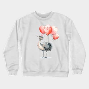 Valentine Ostrich Holding Heart Shaped Balloons Crewneck Sweatshirt